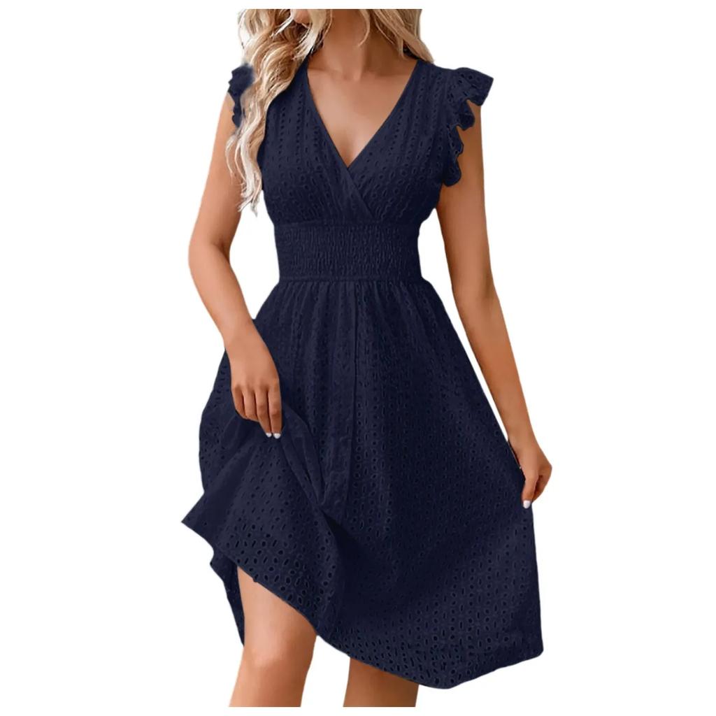 Summer Women V-Neck Beach Dress Flare Sleeve Solid Color Hollow Lace Waist Dress Casual Beach Holiday Dresses