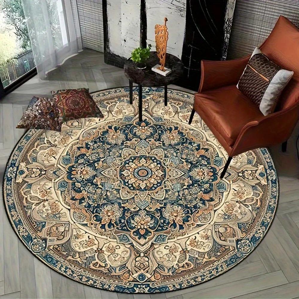1pc Dark Persian Bohemian Round Mat Square Crystal Velvet, Machine Washable, Durable Rubber Backing Luxury Carpet, Avail