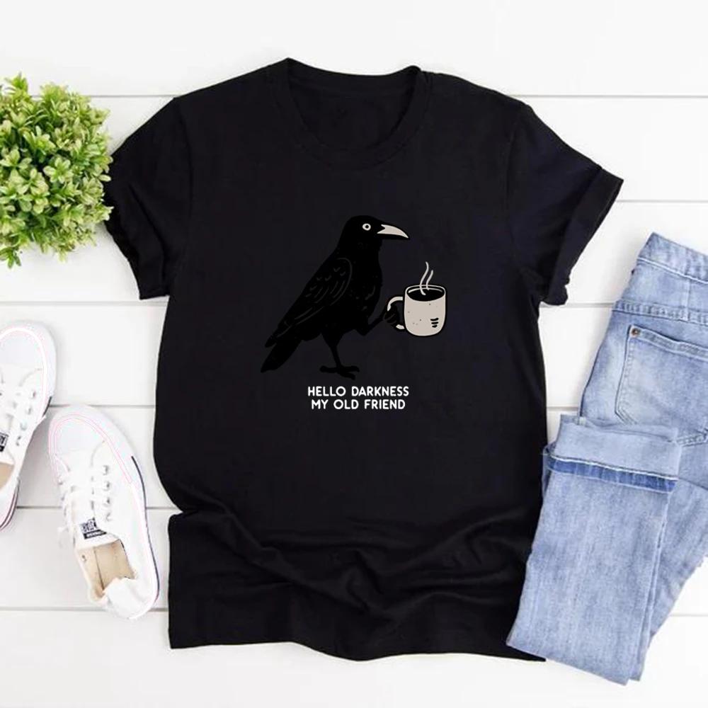 Raven Crow Coffee Shirt Halloween Womens Tshirt Short Sleeve Coffee Lover Gift Crow Coffee Printed Pattern Tshirt