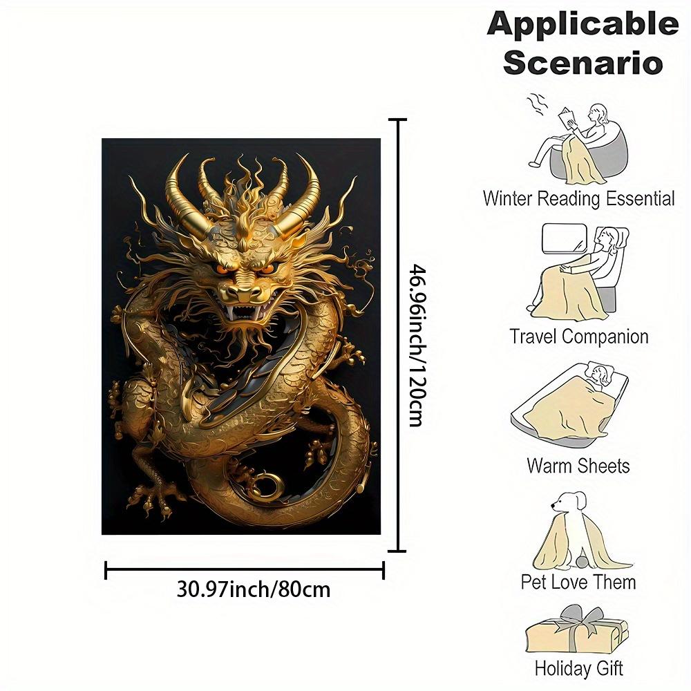Golden Dragon Pattern Flannel Throw Blanket - Contemporary Style, Polyester, Digital Print, Non-Woven, Reversible, All-Season