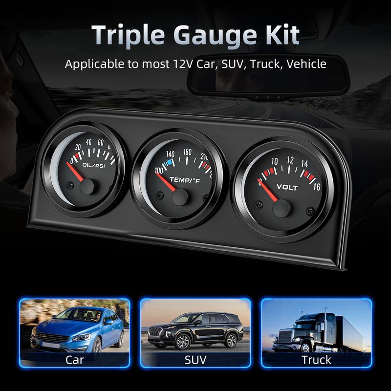 3 in 1 Car Meter Kit 52mm Water Temp Gauge Voltmeter Oil Press Black Bezel Triple Gauge Set trument For Car Marine Trucks
