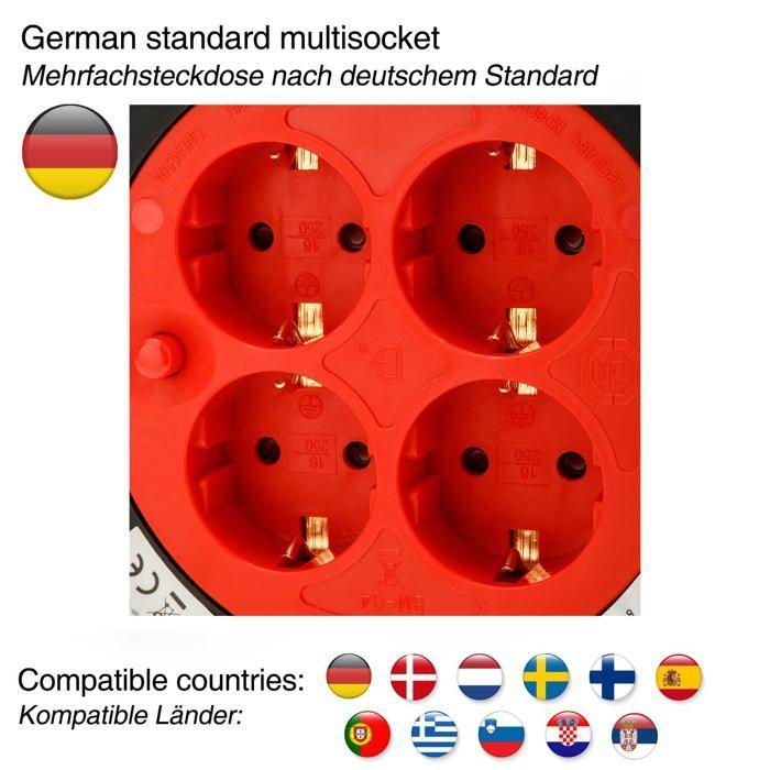 Enrouleur de câble 4 prises - Velamp - 25m - Schuko - Interrupteur thermique - Sécurité enfants - 3200W déroulé