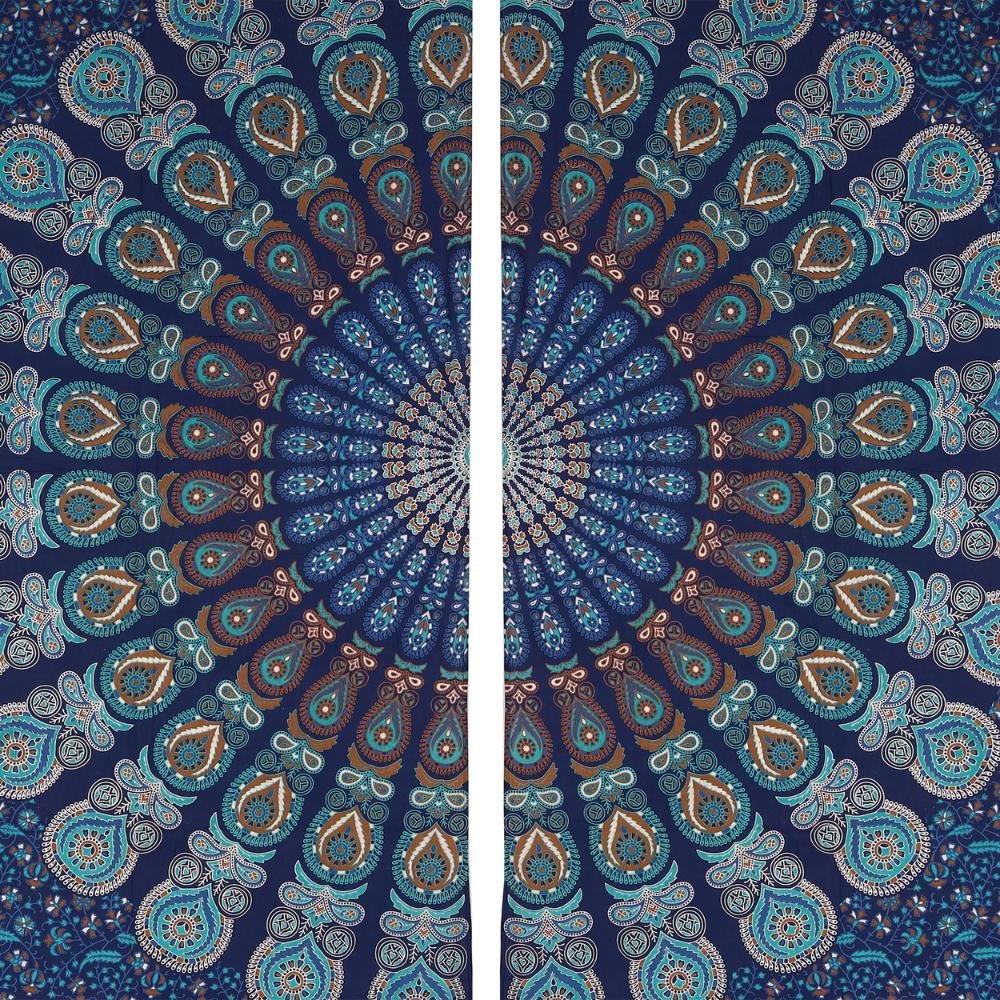 BLESS INTERNATIONAL Beautiful Indian Bohemian Psychedelic Hippie Tree of Life Window Curtain Panels for Bedroom, Living, Balcony (Blue Golden Mandala)