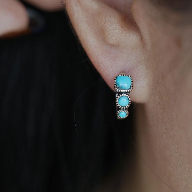 Imitation Natural Turquoise Square Ear Buckles, Retro Imitation Silver Original Design Couple Ear Jewelry