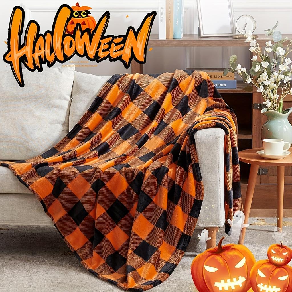 Halloween-Decke Orange Schwarz Kariert Weich Gemütlich Plüsch Festliches Design Heimdekoration Sofa Couch Wohnzimmer Feierparty Geschenk
