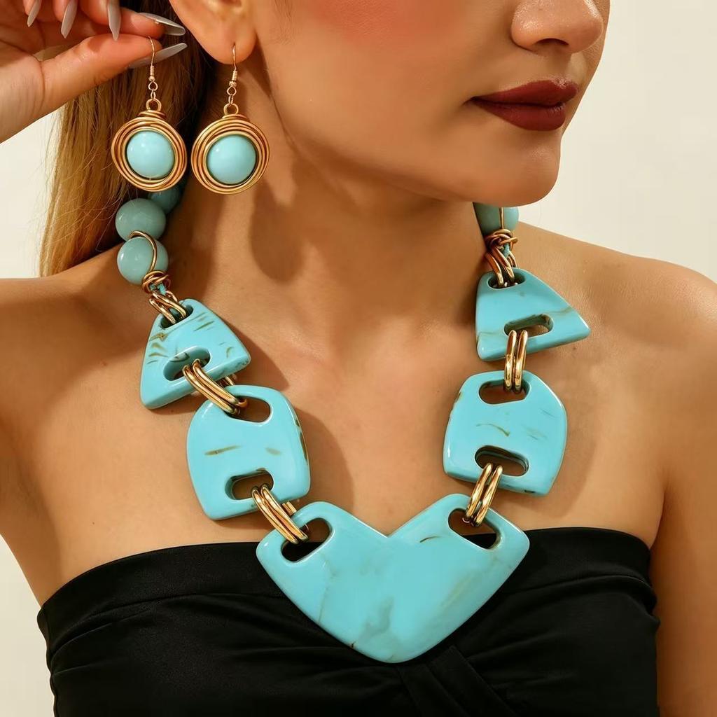 Exaggerated Geometric Irregular Resin Necklace Earring for Women's Jewelry Set