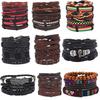 Set Of 6 Black Handmade Woven Pu Leather Bracelet For Men Multi Pack Fashion Vintage Braided Bangle As Birthday Gift