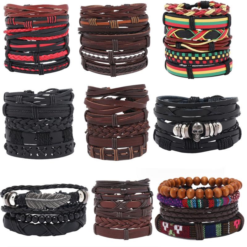 Set Of 6 Black Handmade Woven Pu Leather Bracelet For Men Multi Pack Fashion Vintage Braided Bangle As Birthday Gift