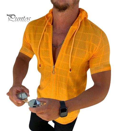 Herren Kapuzen T-Shirt Kurzarm Kariert Zip Up Tee Shirt Lässig Dünn Sommer Top für Sport Freizeit Outdoor Strand