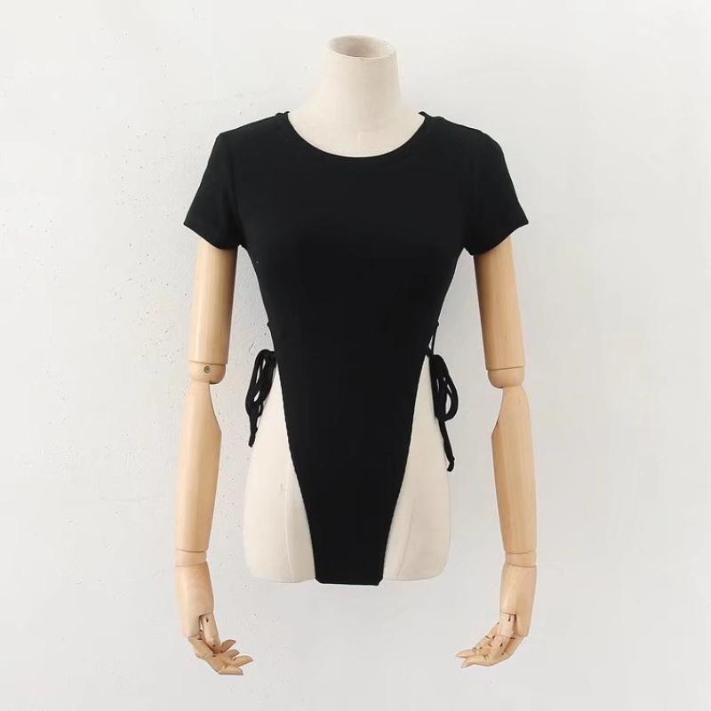 

Европейский и американский топ с круглым вырезом, короткими рукавами и индивидуальным дизайном боковых бретелей, комбинезон с открытой талией M чёрный