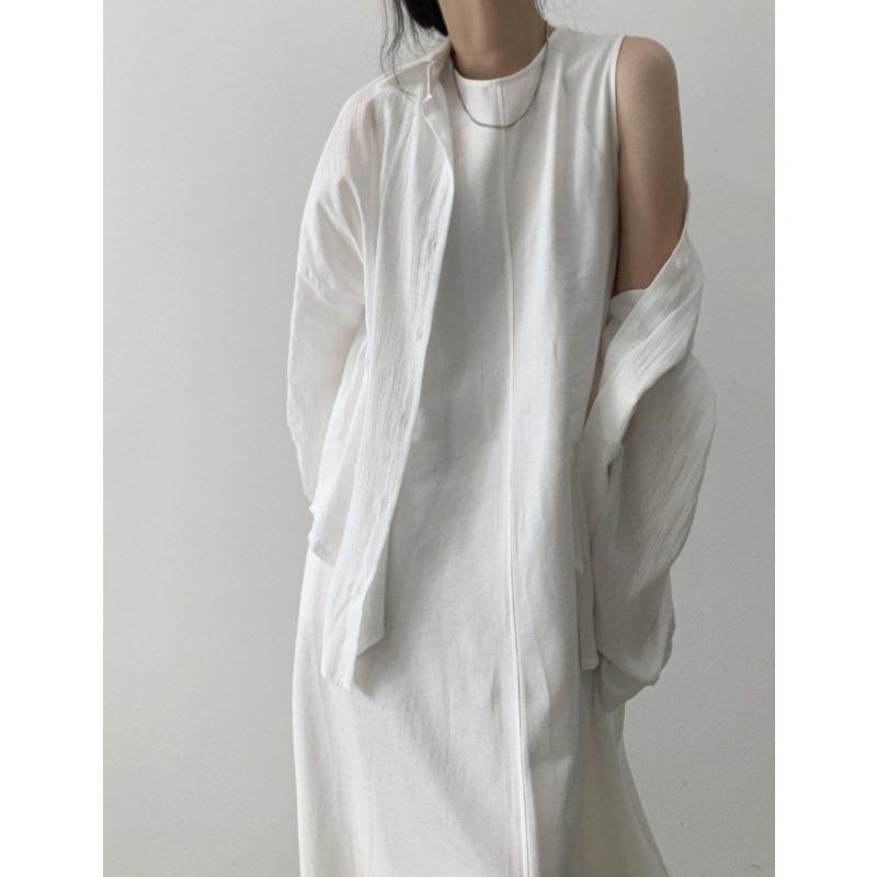 Women Summer Vintage Cotton and Linen Long Tank Dress Sleeveless Loose Waist Large Hem Round Collar Midi Sundress