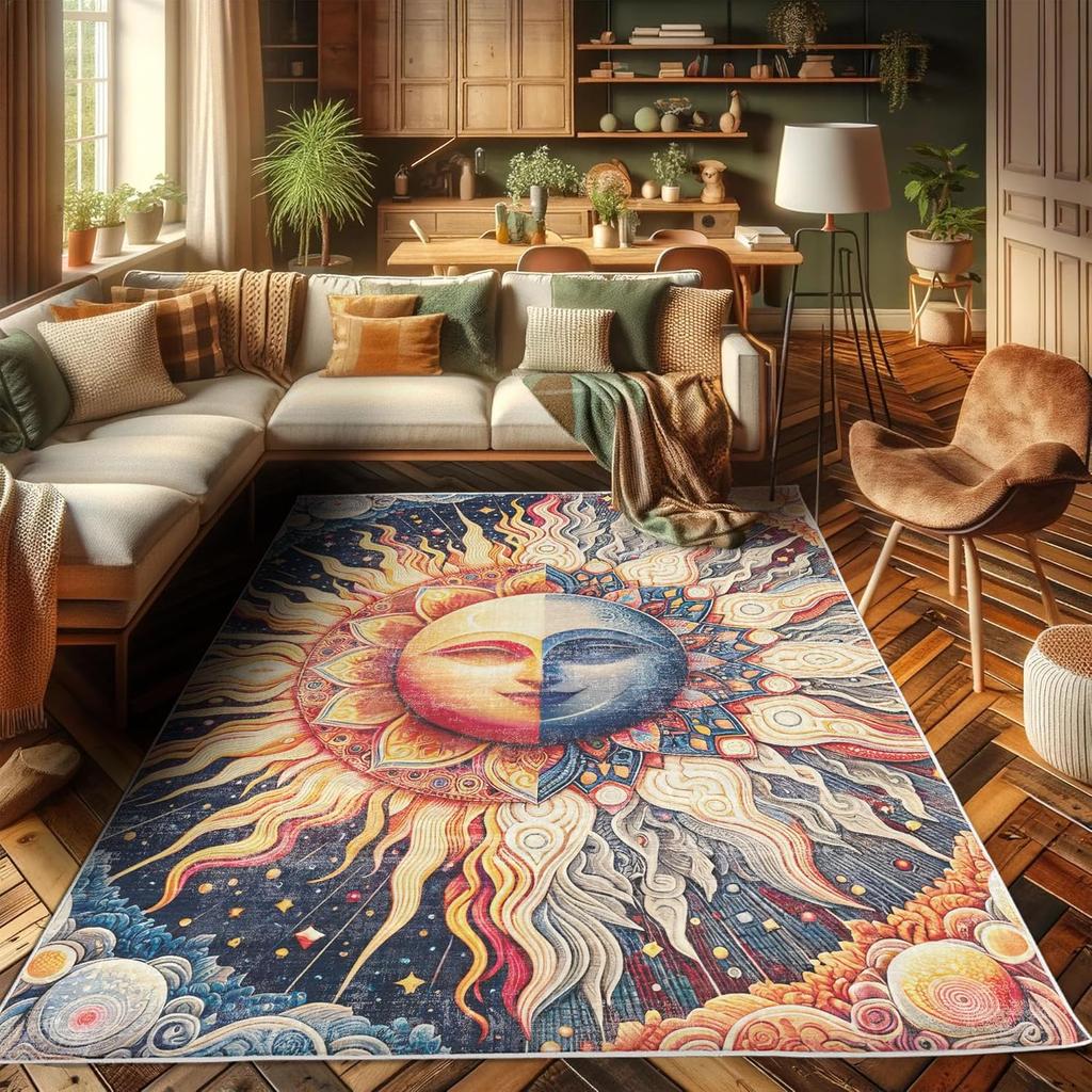 Sun and Moon Decorative Rug,Modern Esoteric Celestial Lunar Motif with Boho Paisley Details, Quality Carpet for Bedroom Dorm and