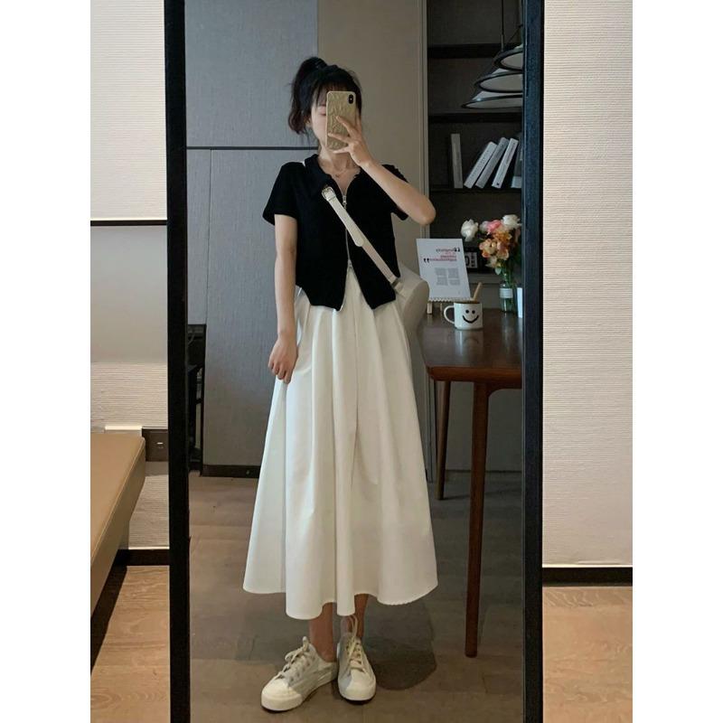 Polo Neck Short-sleeved T-shirt for Women In Summer Design Double Zipper Short Navel Versatile Student Top
