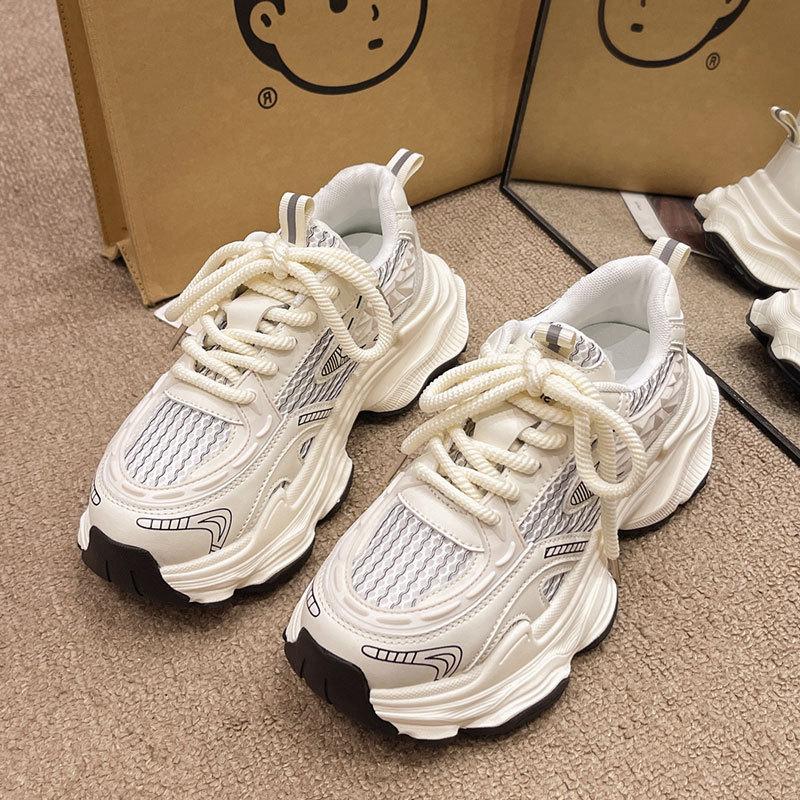 Fried Street Platform Dad Shoes Women's Height Increase Versatile Casual Shoes New Spring and Autumn Breathable Silver Sneakers