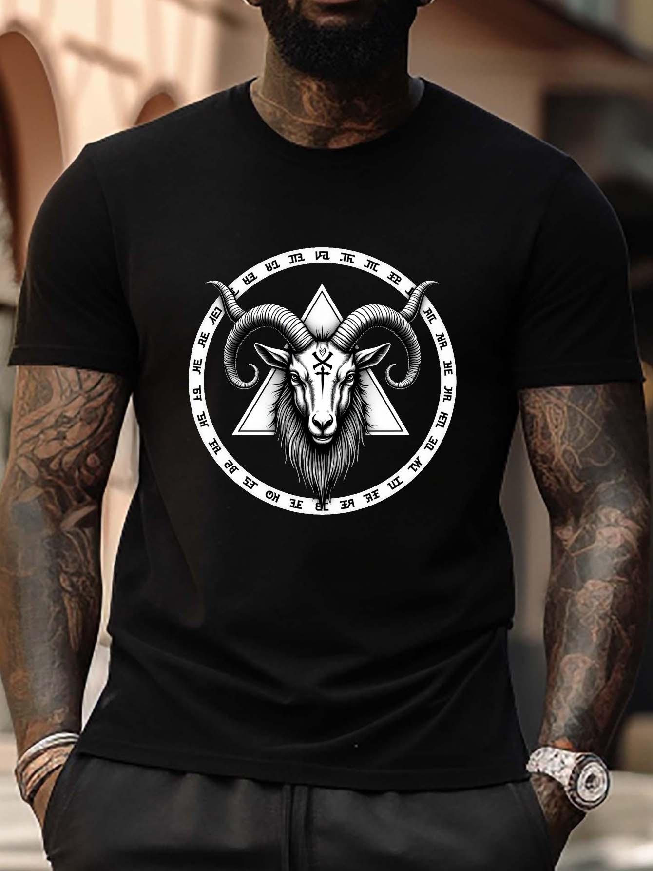 Plus Size Graphic T-shirt - Mystical Goat Head with Geometric Symbols & Occult-Inspired Design XXL