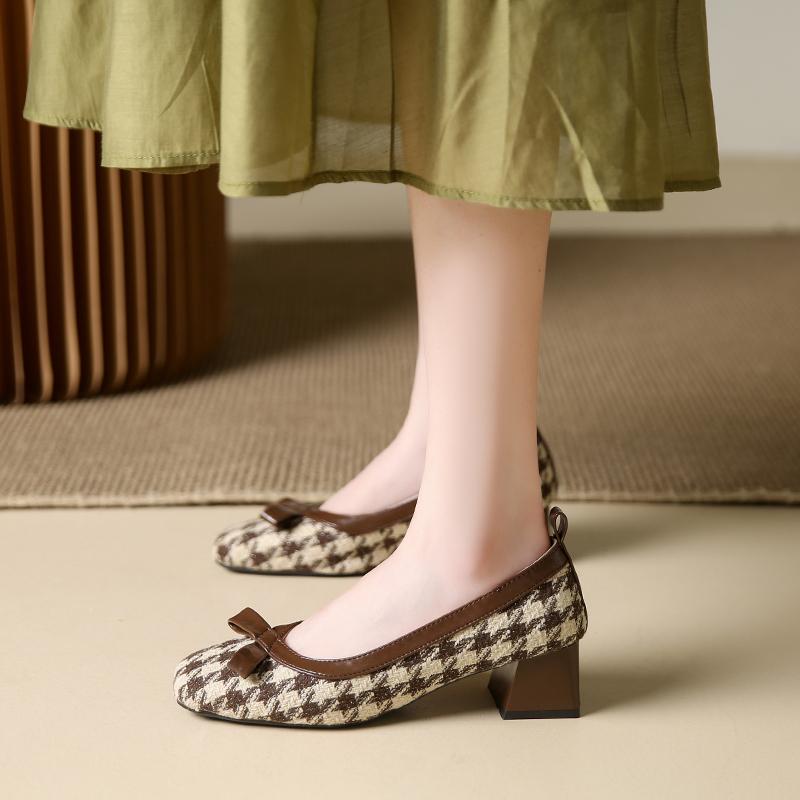 

Fashion Women s Single Shoes Springnew Medium Heel Fabric Check Small Fragrant Windshoes Fashion Comfortable Increase Professional Shoes 35 коричневый