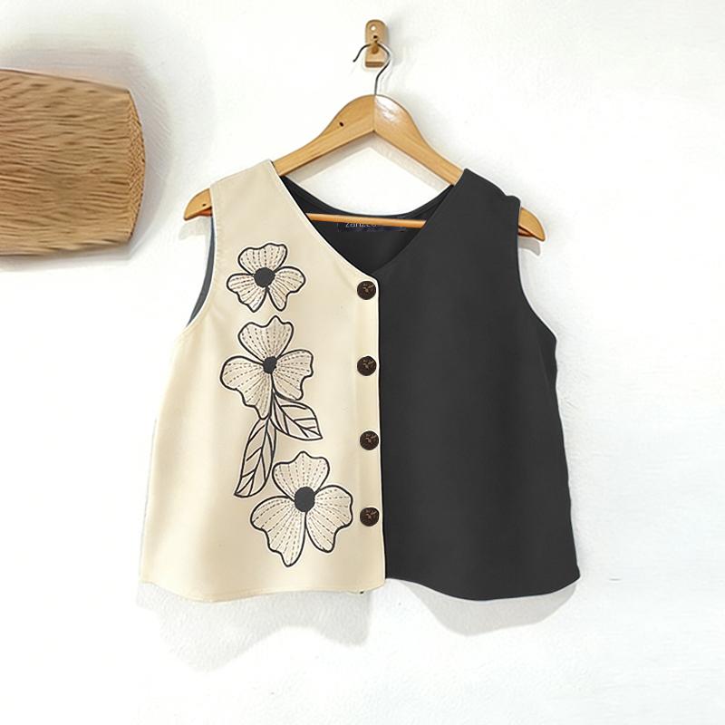 ZANZEA Women Casual V-Neck Sleeveless Print Tank Tops