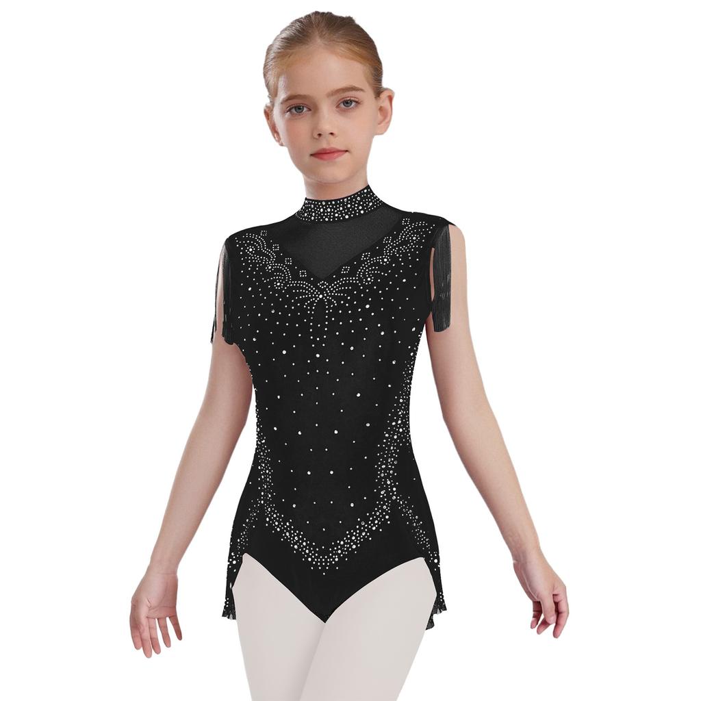Girls Sparkling Rhinestones Dance Leotard Mock Neck Sleeveless Invisible Zipper Back Sheer Mesh Skirted Bodysuit