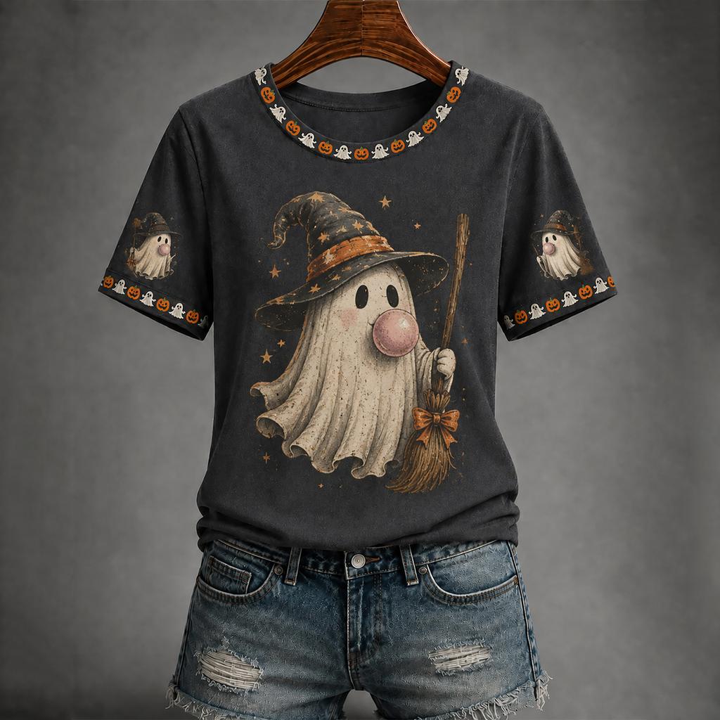 Women's Casual Halloween Print Short Sleeve T-Shirt Top for Everyday Outfits