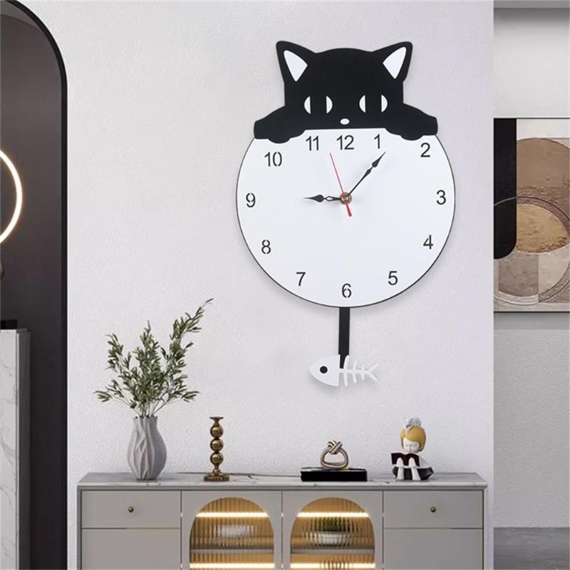 Quiet Movement Acrylic Pendulum Wall Clock with Funny Cats Fish Design Arabic Numerals for Living Room Bedroom Decors