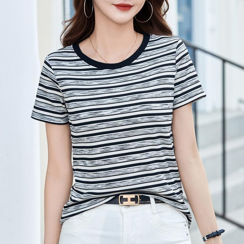 Women's Summer New Striped Short-sleeved Collision with Colourful Wildcard Round Neck Chic Blouse Slim Bottoming Casual T-shirt