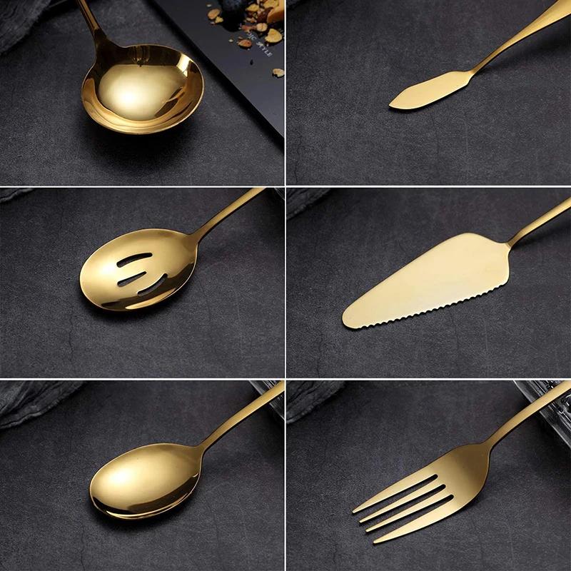 6-Piece Flatware Serving Set, Stainless Steel Serving Utensils Cake Server Slotted Spoon Fork Butter Knife Soup Ladle