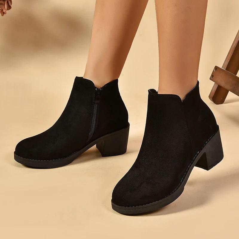Women's Boots Solid Square Heel Platform Shoes Autumn Winter Round Toe Zipper Pumps High Quality Femmer Anti Slip Shoes
