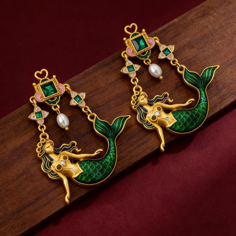 Mermaid Enamel Pearl Drop Earrings Gold Plated Green Crystal Vintage Luxury Statement Party Gift Jewelry Vintalume