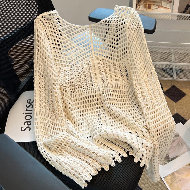 Korean Style Hollow Out Knit Top For Women New Loose Fit Long Sleeve Pullover Casual Versatile Sheer Mesh Blouse With Unique Design Sense