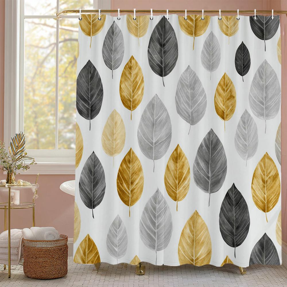 Golden Leaf Shower Curtain, Bathroom Decorative Shower Curtain, Waterproof Shower Curtain With Hooks