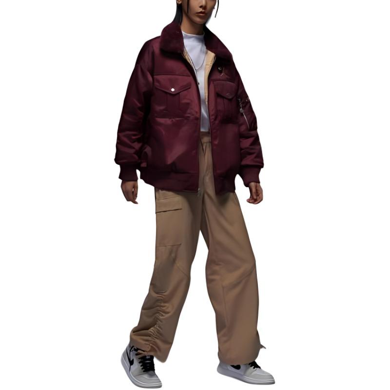 Jordan Solid Color Casual Jacket With Back Pattern Design And Stand Collar Women Jacket Burgundy FZ6449-619