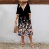 Women's Spring/summer Printed Short-sleeve Dress Lace V-neck Loose Swing Short-sleeve Mid-length Dress