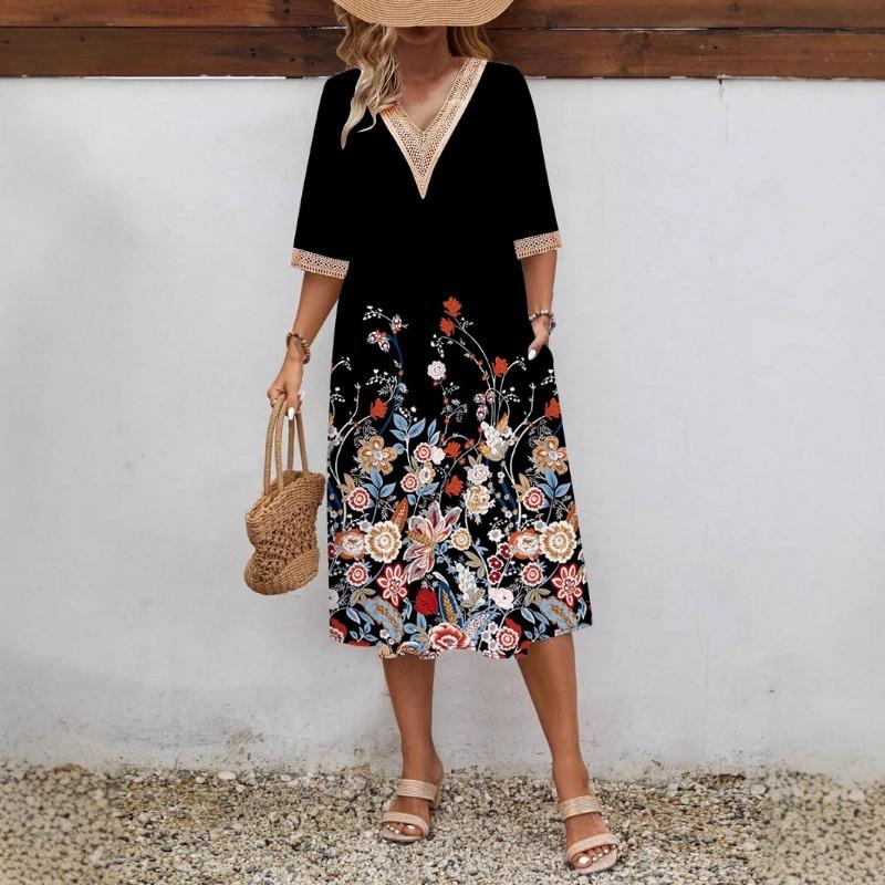 Women's Spring/summer Printed Short-sleeve Dress Lace V-neck Loose Swing Short-sleeve Mid-length Dress