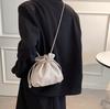 Pleated Drawstring Pouch, Shoulder or Crossbody, Compact, Small, Lightweight, Korean PU Leather (White)