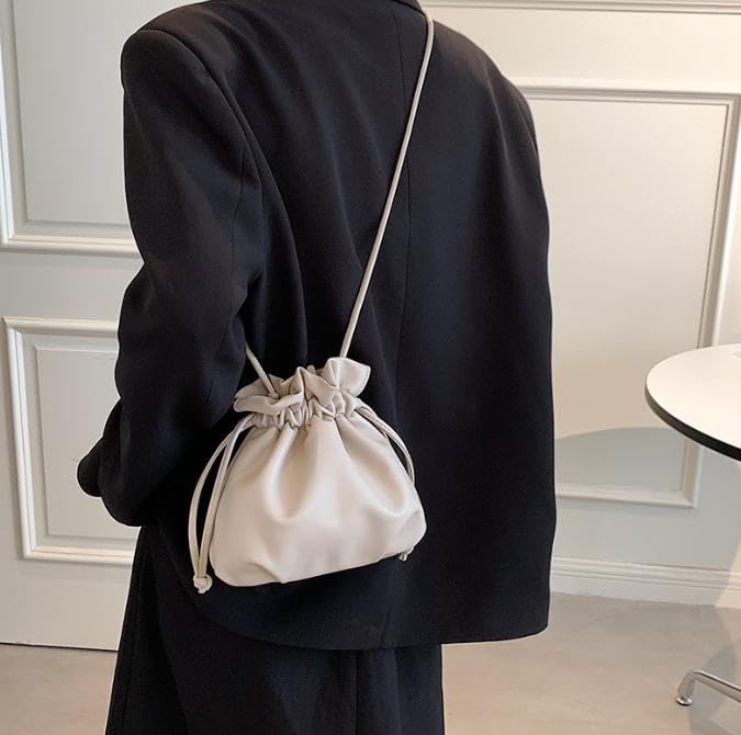 Pleated Drawstring Pouch, Shoulder or Crossbody, Compact, Small, Lightweight, Korean PU Leather (White)