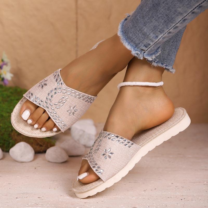 Large size summer new fashion rhinestone versatile platform slippers casual round head canvas lightweight sandals