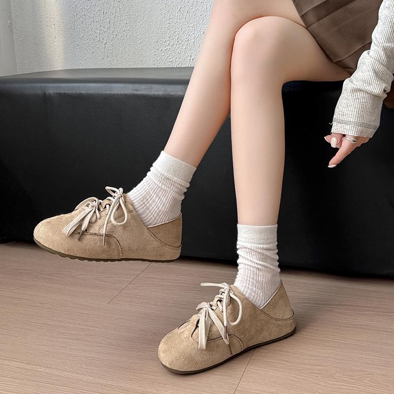 Frühling Herbst Neuer Stil Runde Zehen Damen Flache Schuhe 2025 Mode Wildleder Lässig Weiche Sohle Schnürschuhe Verschleißfest Damen Schuhe