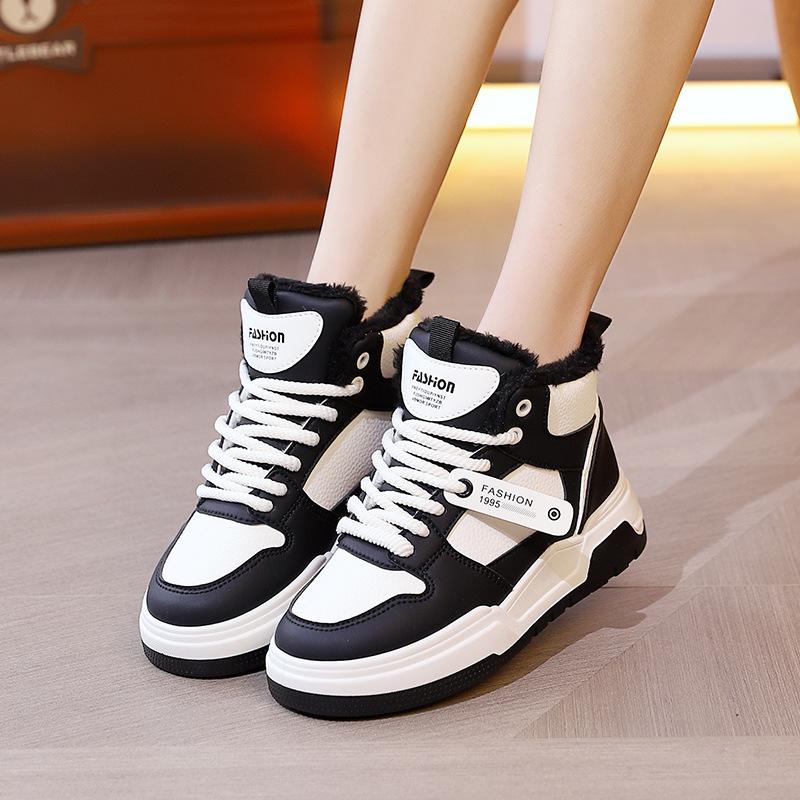 Damen-Winter-High-Top-Sneaker mit Kunstpelzfutter, rutschfeste Outdoor-Schneestiefel, warme, mit Fleece gefütterte kurze Stiefeletten, Stiefeletten aus Kunstleder für Damen