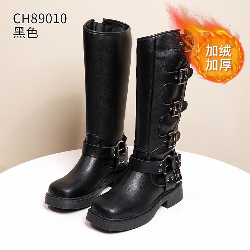 Leather Martin Boots Autumn and Winter New Flat-bottomed Retro Belt Buckle High Boots Western Cowboy Knight