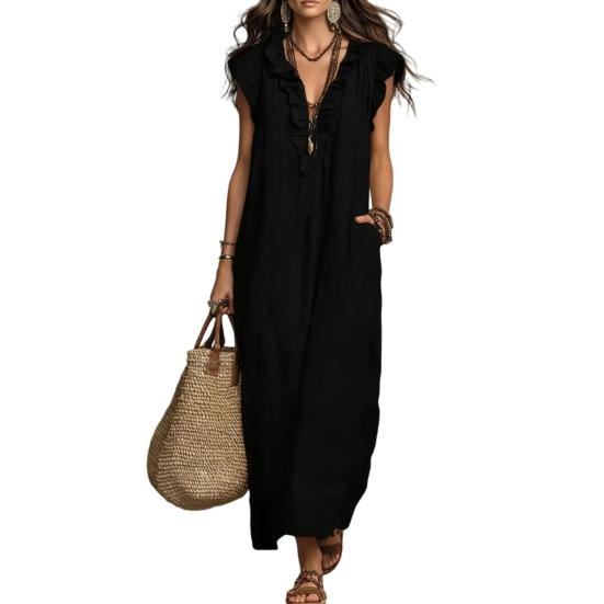 Summer Sleeveless Maxi Dress for Women Casual Deep V Neck Ruffle Long Dress Boho Beach Flowy Sundress with