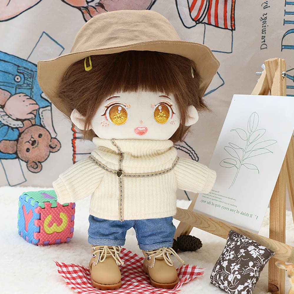 Niannyyhouse 20cm Doll Clothes Fisherman Hat Turtleneck Sweater Jeans Shoes Stuffed Animal Dress-up Cotton Doll Clothes (Beige-2)