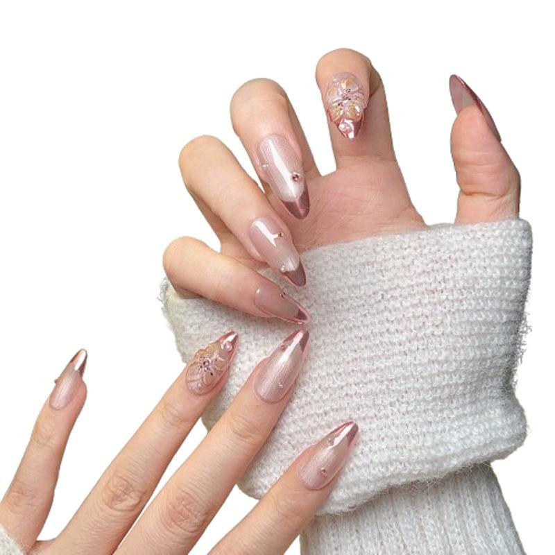 Women Mid‑Long Almond Press‑On Nails Pure‑Handmade French‑Engraved Magic‑Mirror Pink Cat‑Eye False Nail Patches