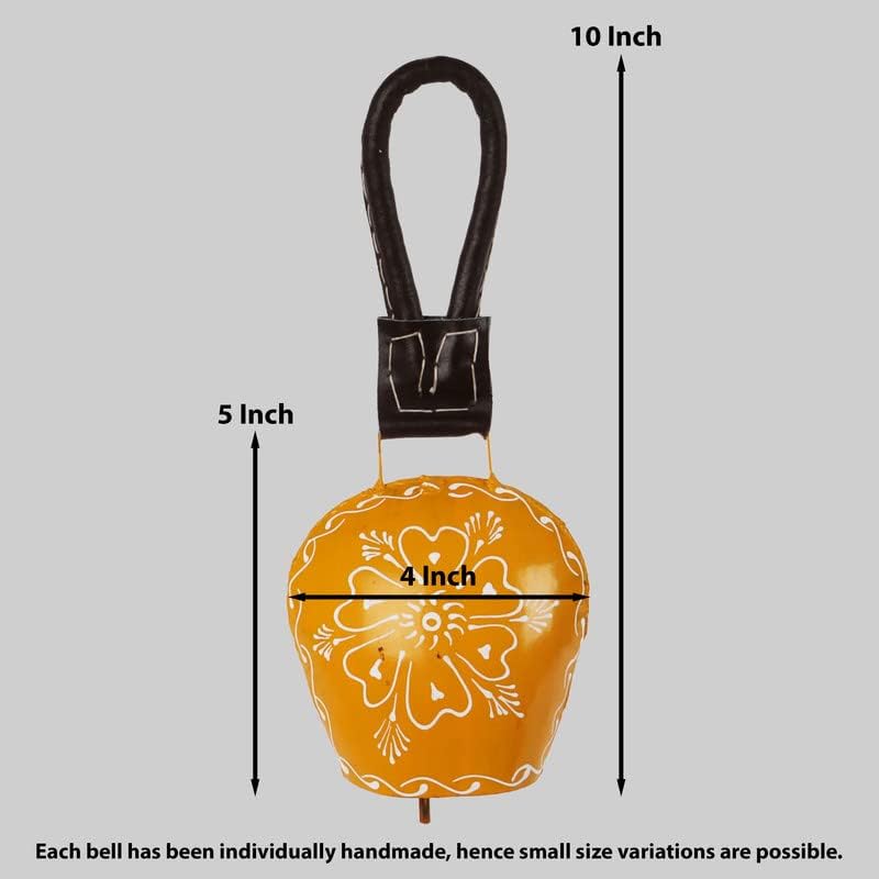 Campana de Vaca de Hierro Hecha a Mano de 5 Pulgadas con Correa de Cuero para Decoración de Pared de Jardín, Carrillón de Viento Vintage para Sonido Pacífico al Aire Libre, Amarillo Pintado a Mano