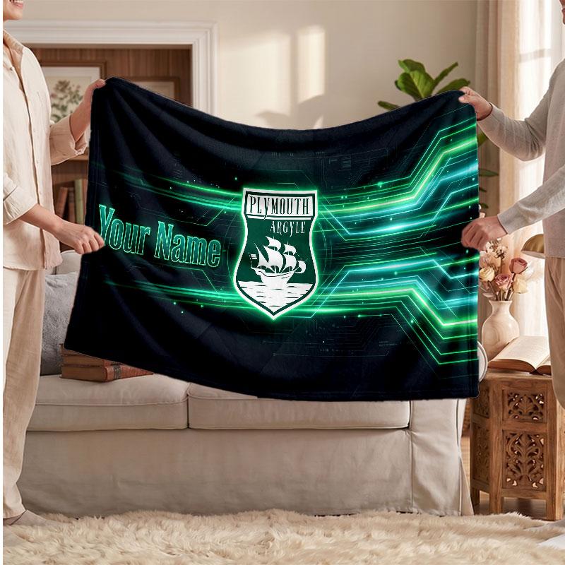 Plymouth Argyle FC Personalized Fleece Blanket With Football Logo, Custom Name Text Soft Warm Home Throw Blanket