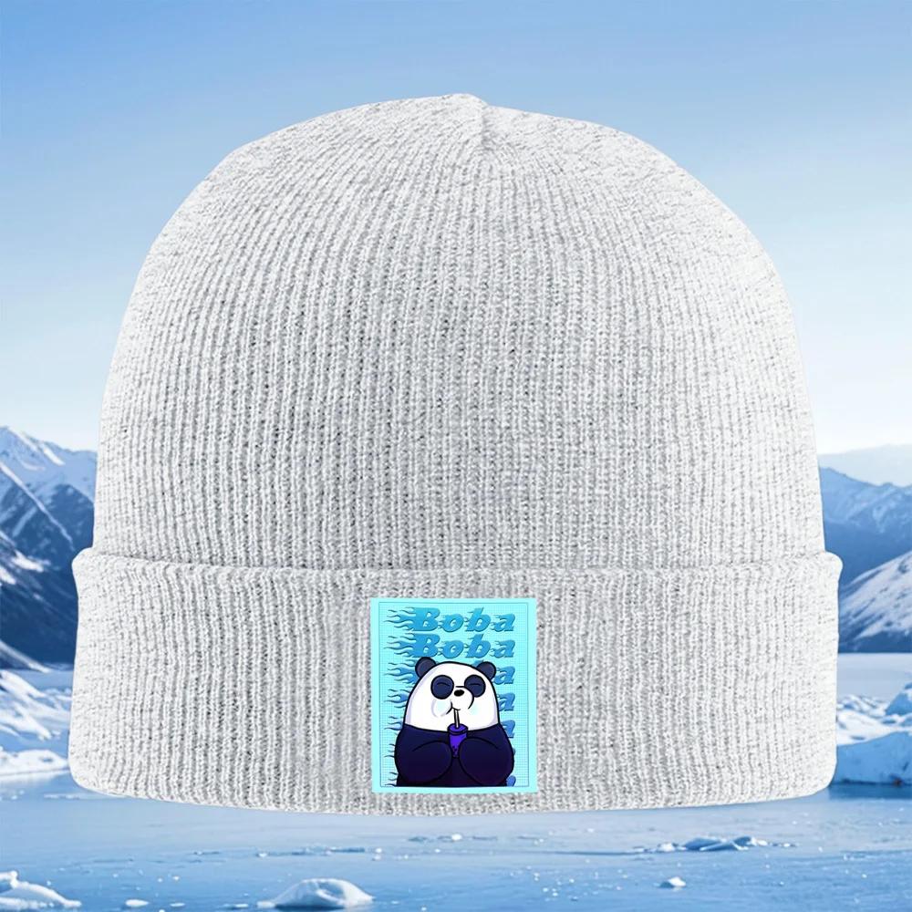Happy panda boba tea drink Unisex Women Unisex Knitted Hat Beanie Pullover Cap Winter Thermal Warm Christmas Outdoor Cycling Hiking