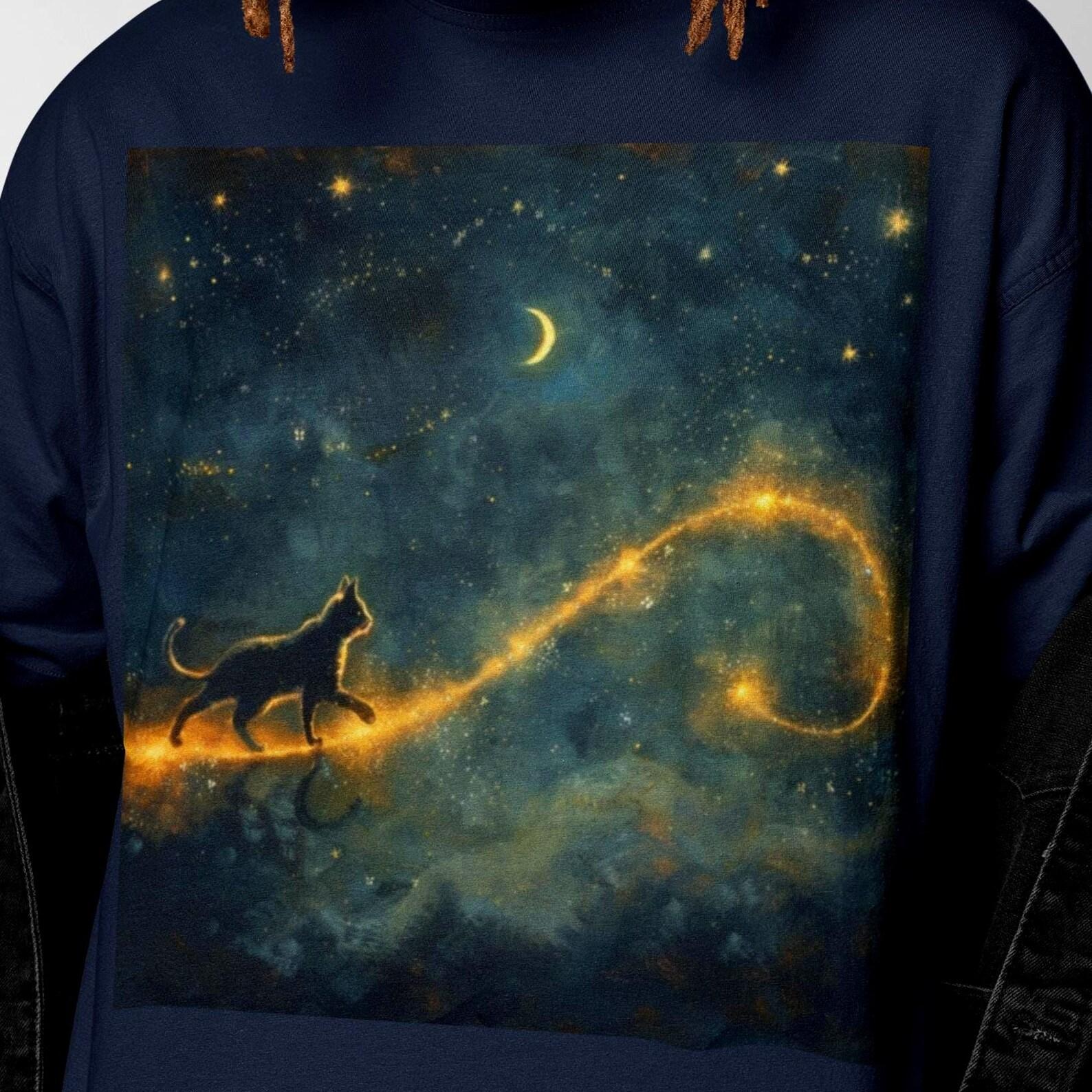 Celestial Cat T-Shirt | Starry Sky Cat Graphic Top | Kitten In Space Dreamy Tee S