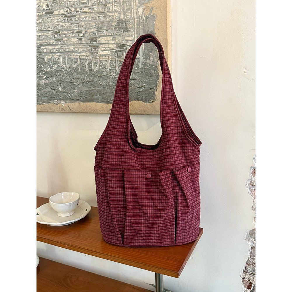 Корейская ретро клетчатая сумка-ведро женская 2025 новая большая вместимость ретро сумка через плечо нишевая сумка-тоут для通勤