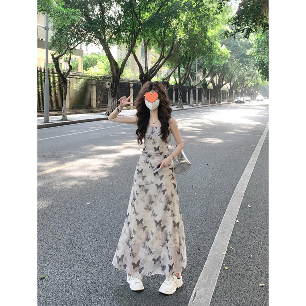 Cool-Toned Floral Butterfly Dress: Women's Summer Slimming Retro Pleated Waist Tea Party Spaghetti Strap Long Dress