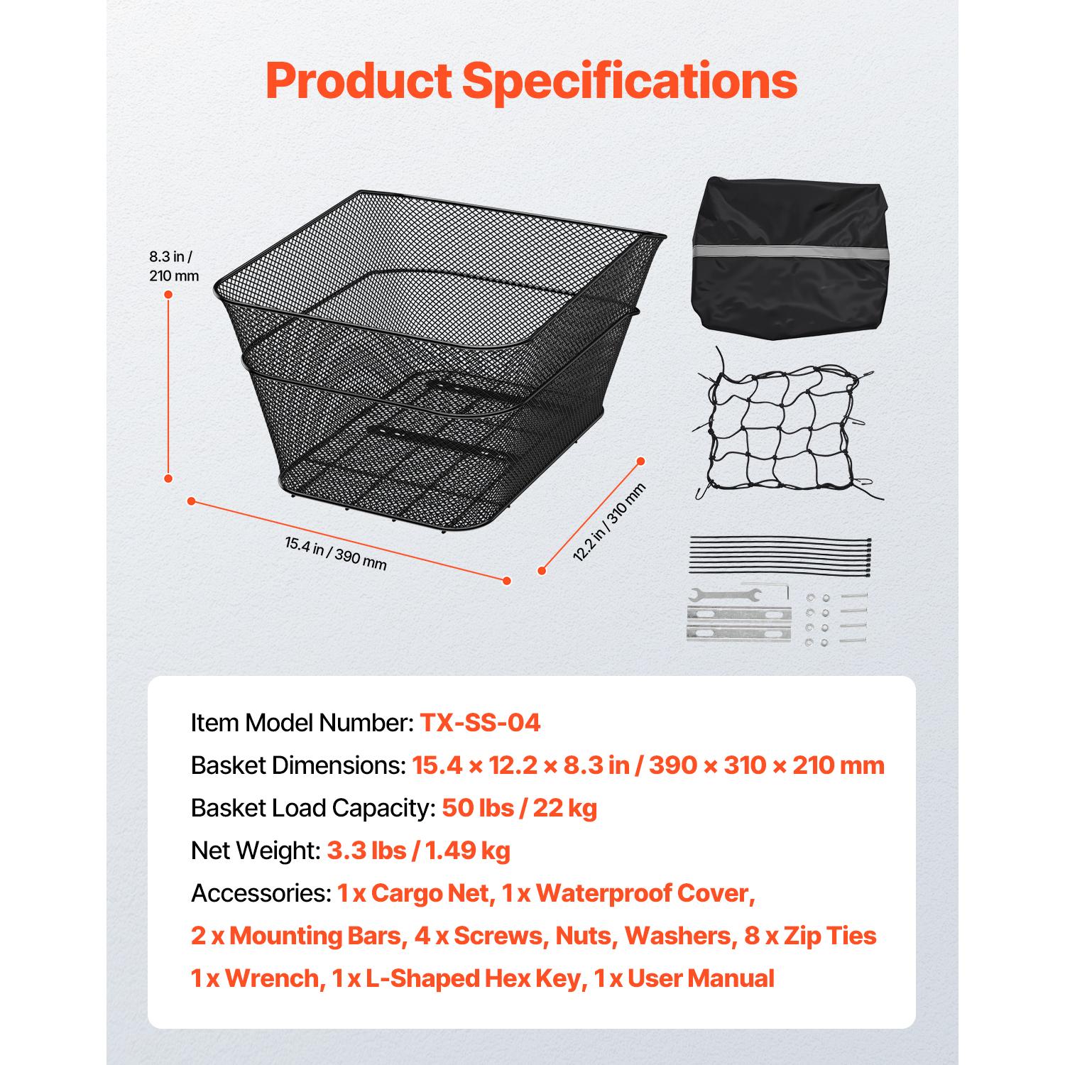 

SucceBuy Rear Bike Basket Wire Mesh Bicycle Basket with Waterproof Cover Durable Metal Bike Back Basket Fits Most Rear Bike Rack