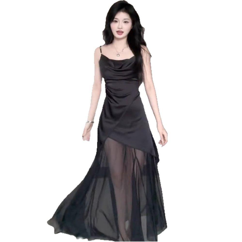 High-end Splicing Mesh Dress Long Dress Female Summer Royal Sister Irregular Pleated Slim Suspender Dress